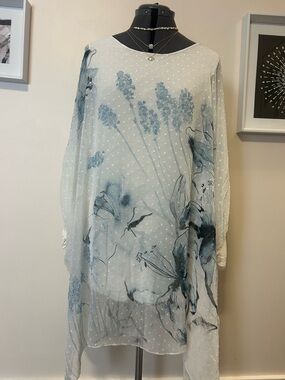AMO Italy Sheer Floral Overlay Tunic Top White Blue Lagenlook Boho